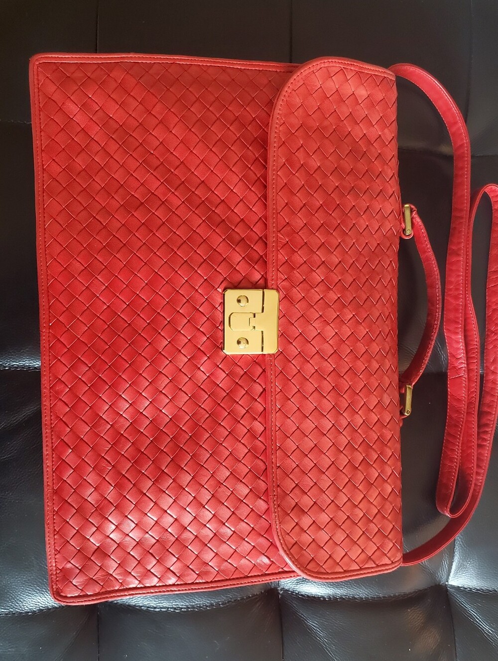 Rare, Authentic Vintage Bottega Red Intrecciato Leather Briefcase w/ Strap